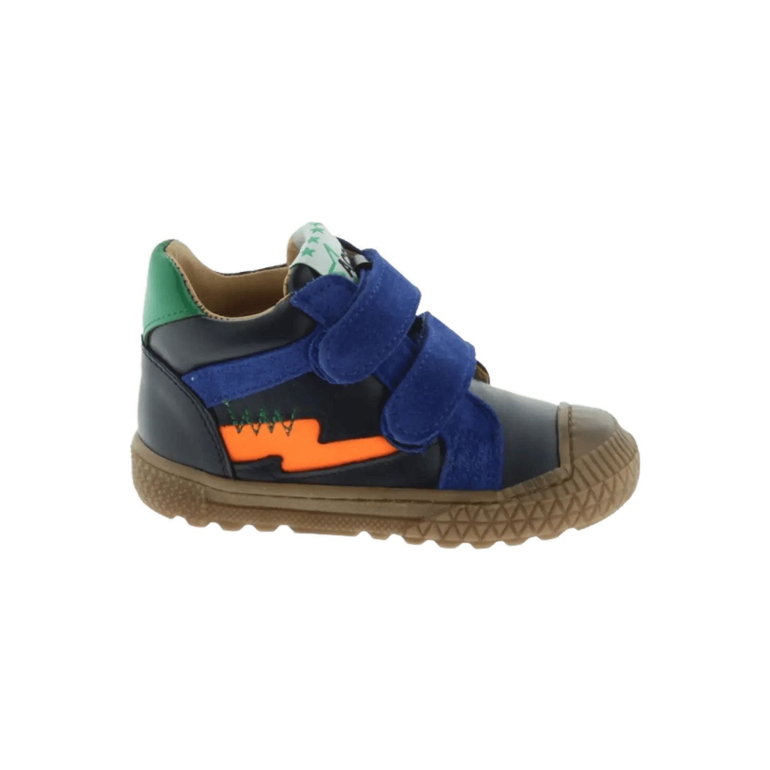 Acebos mid-top leather sneakers for boys featuring blue suede velcro straps and vibrant orange details. Official B2B collection preview via Moda Vostra agency.