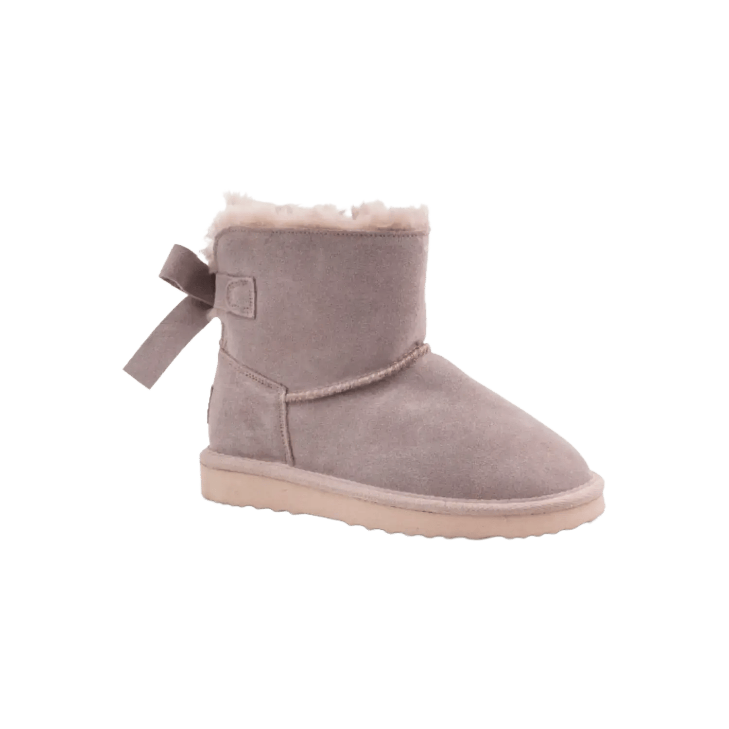 Cienta fur lined winter boots for girls in muted blush featuring a decorative bow on the heel and a side velcro closure. Official B2B collection preview via Moda Vostra agency.