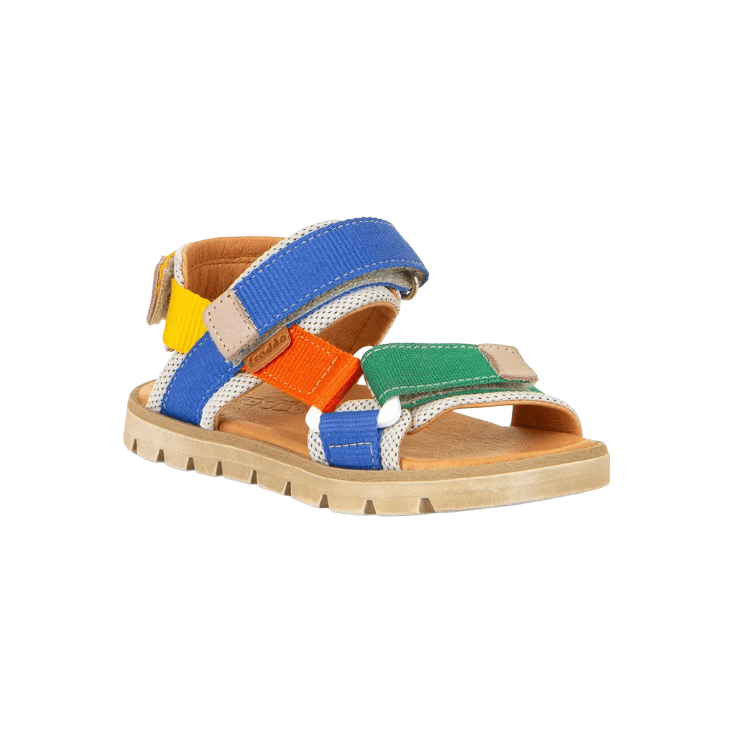 Froddo ergonomic leather sandals for kids in a multi-color design with beige accents and adjustable velcro straps. Official B2B collection preview via Moda Vostra agency.