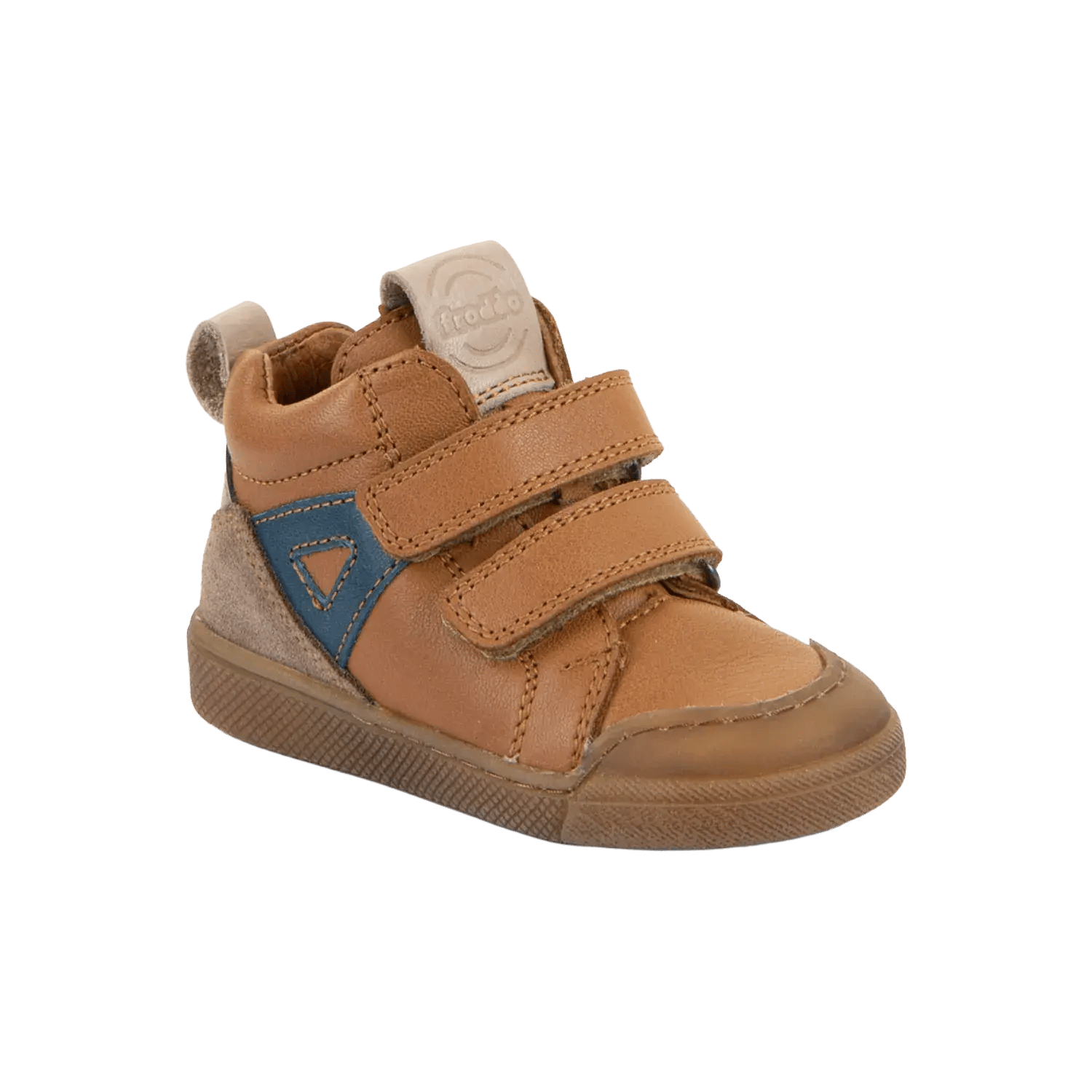 Froddo durable leather sneakers for kids in cognac brown with a reinforced toecap and secure double velcro closure. Official B2B collection preview via Moda Vostra agency.