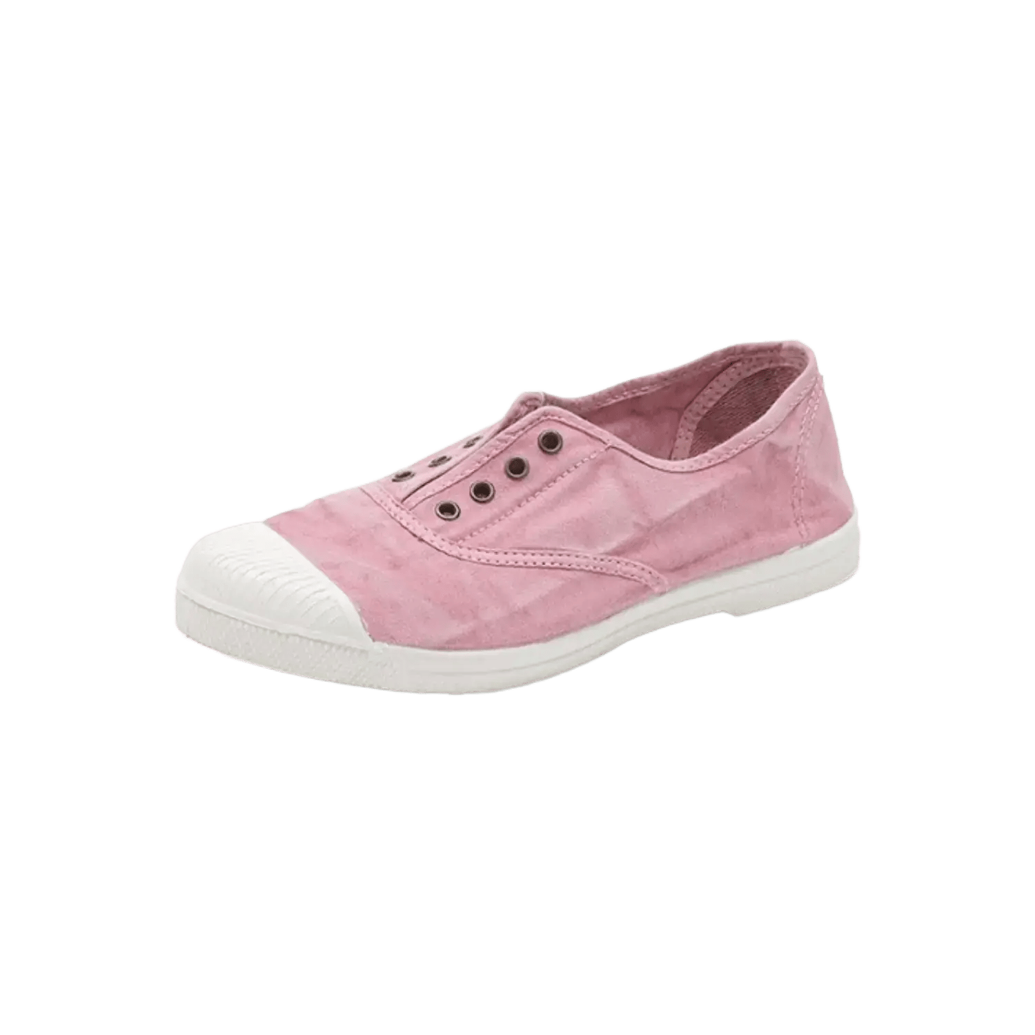 Natural World women's organic canvas slip-on sneakers in rose pink, featuring a flexible natural rubber sole. Official B2B collection preview via Moda Vostra agency.