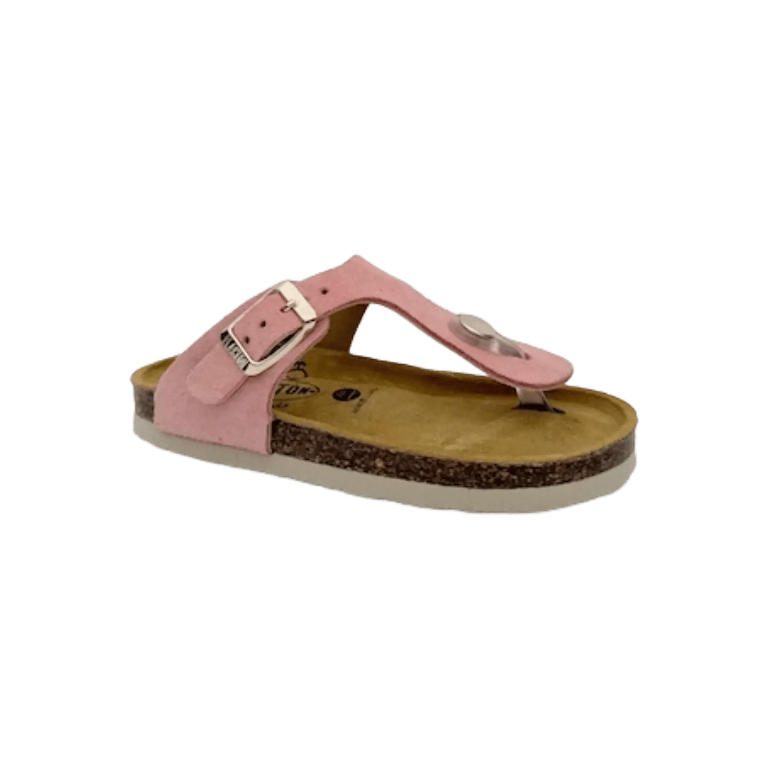Plakton girls' leather toe-post slippers in soft pink suede, featuring an ergonomic natural cork midsole and buckle closure. Official B2B collection preview via Moda Vostra agency.