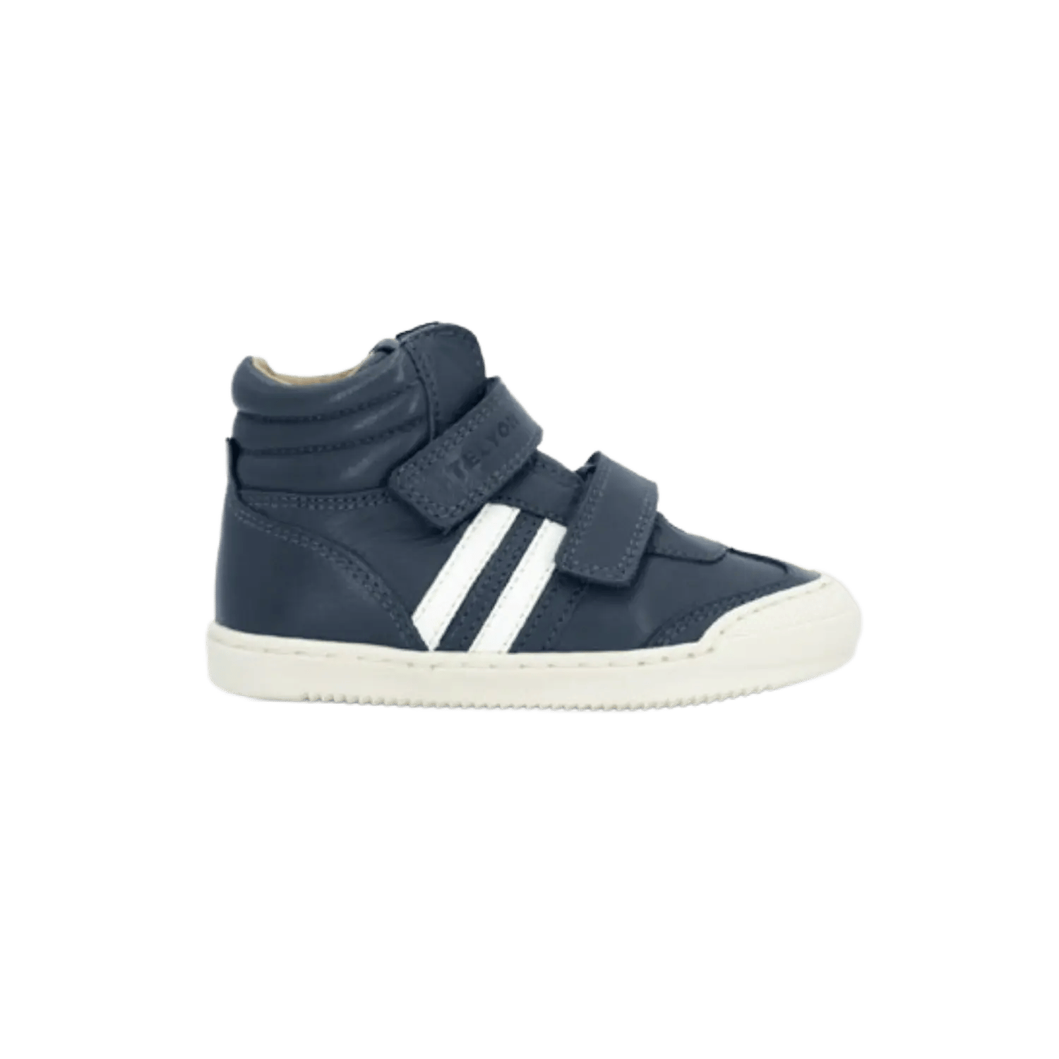 Tel Yoh high-top leather sneakers for kids in navy blue with white athletic stripes and a double velcro closure. Official B2B collection preview via Moda Vostra agency.