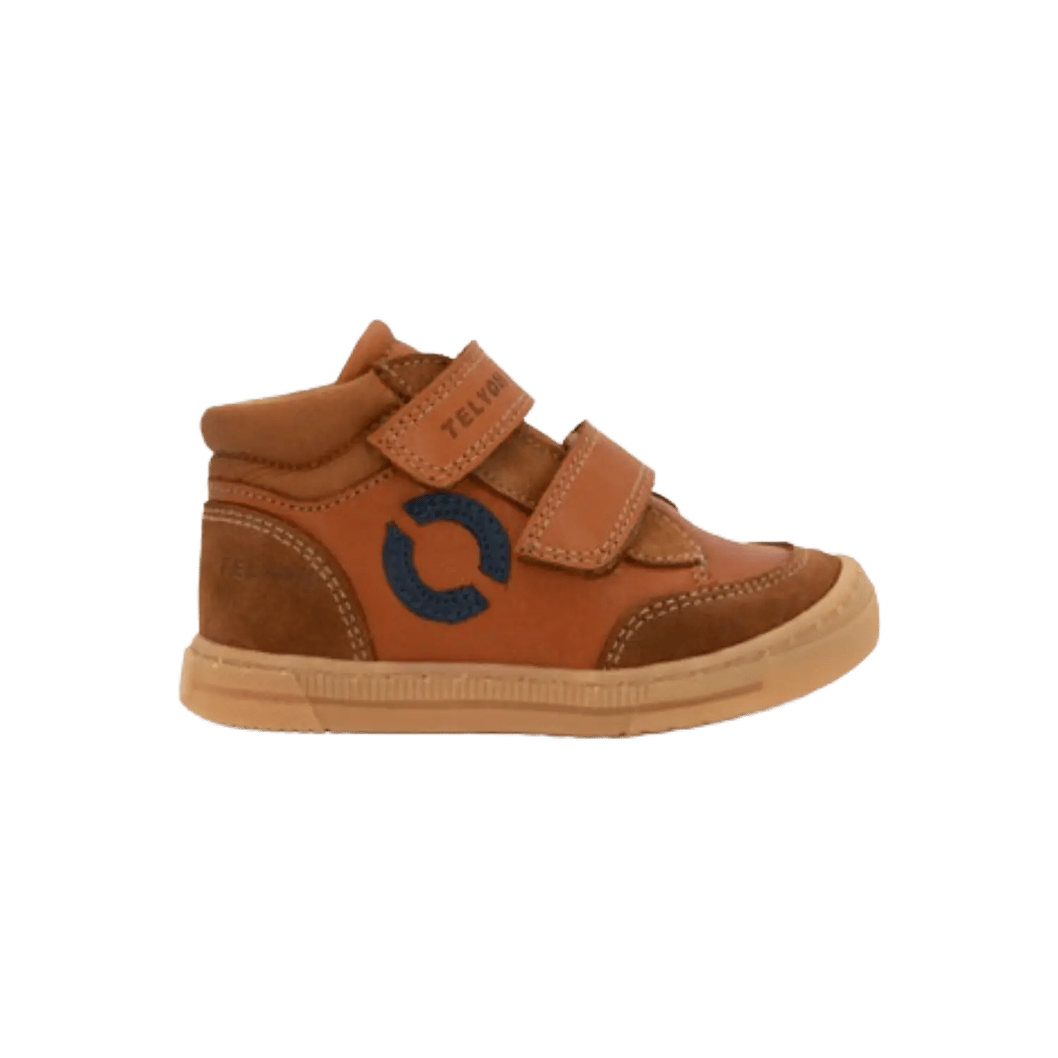 Tel Yoh robust suede mid cut sneaker for kids in cognac brown, featuring a reinforced toecap and easy-on double velcro straps. Official B2B collection preview via Moda Vostra agency.